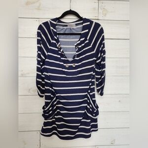 Beach Break swimsuit coverup with blue and white stripes